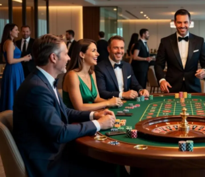 Rozrywkowy wieczór przy eleganckich stołach do pokera, ruletki i blackjacka w jasnej, stylowej aranżacji.