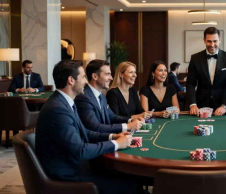 Firmowy wieczór pokerowy z elegancko ubranymi gośćmi przy stole
