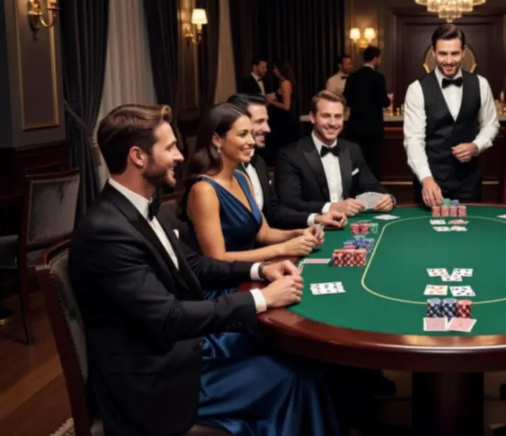Elegancki stół pokerowy podczas przyjęcia, goście w wieczorowych strojach rozmawiają i uczestniczą w grze.