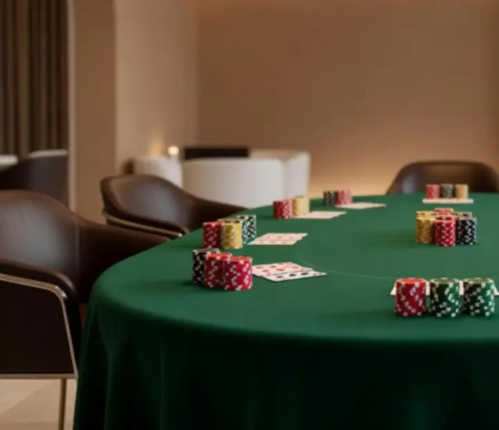 Elegancki stół pokerowy z kartami, żetonami i nastrojowym oświetleniem