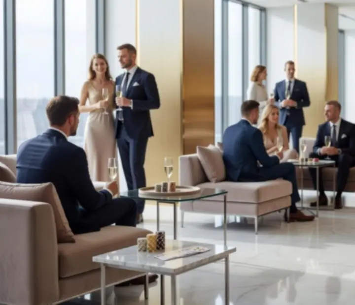 Goście przy eleganckiej recepcji eventu, w jasnym, luksusowym wnętrzu z nastrojowym oświetleniem.