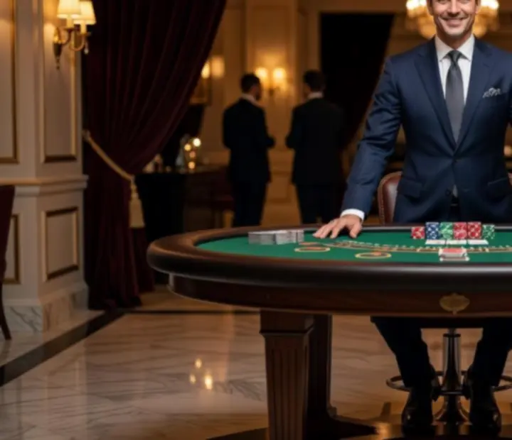 Profesjonalny, elegancki krupier blackjack prowadzący wieczór wydarzenia