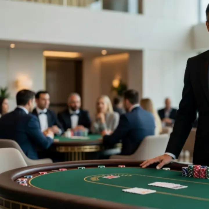 Profesjonalny gospodarz trzymający karty przy stole pokerowym podczas eventu