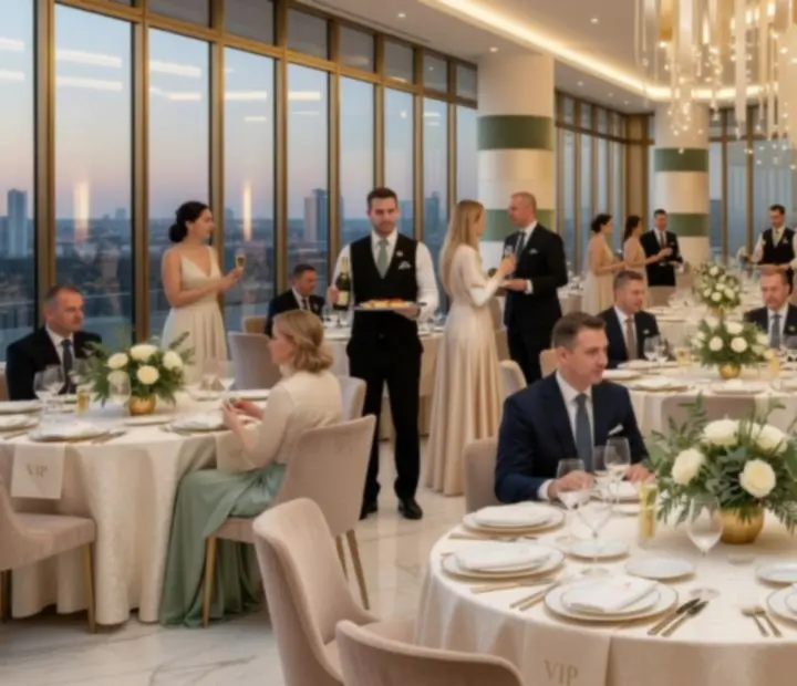 VIP przestrzeń eventowa z nastrojowym oświetleniem, strefą lounge i elegancką aranżacją stołów.