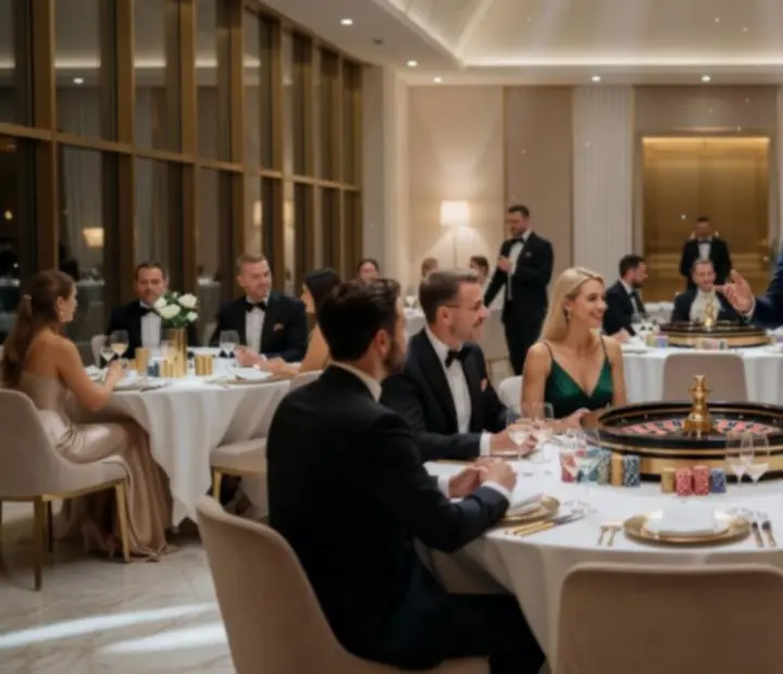 Elegancki wieczór VIP z profesjonalnie zaaranżowanymi stołami do gier i koktajlami